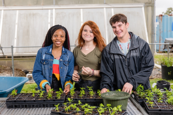 Three students pose behind plants.